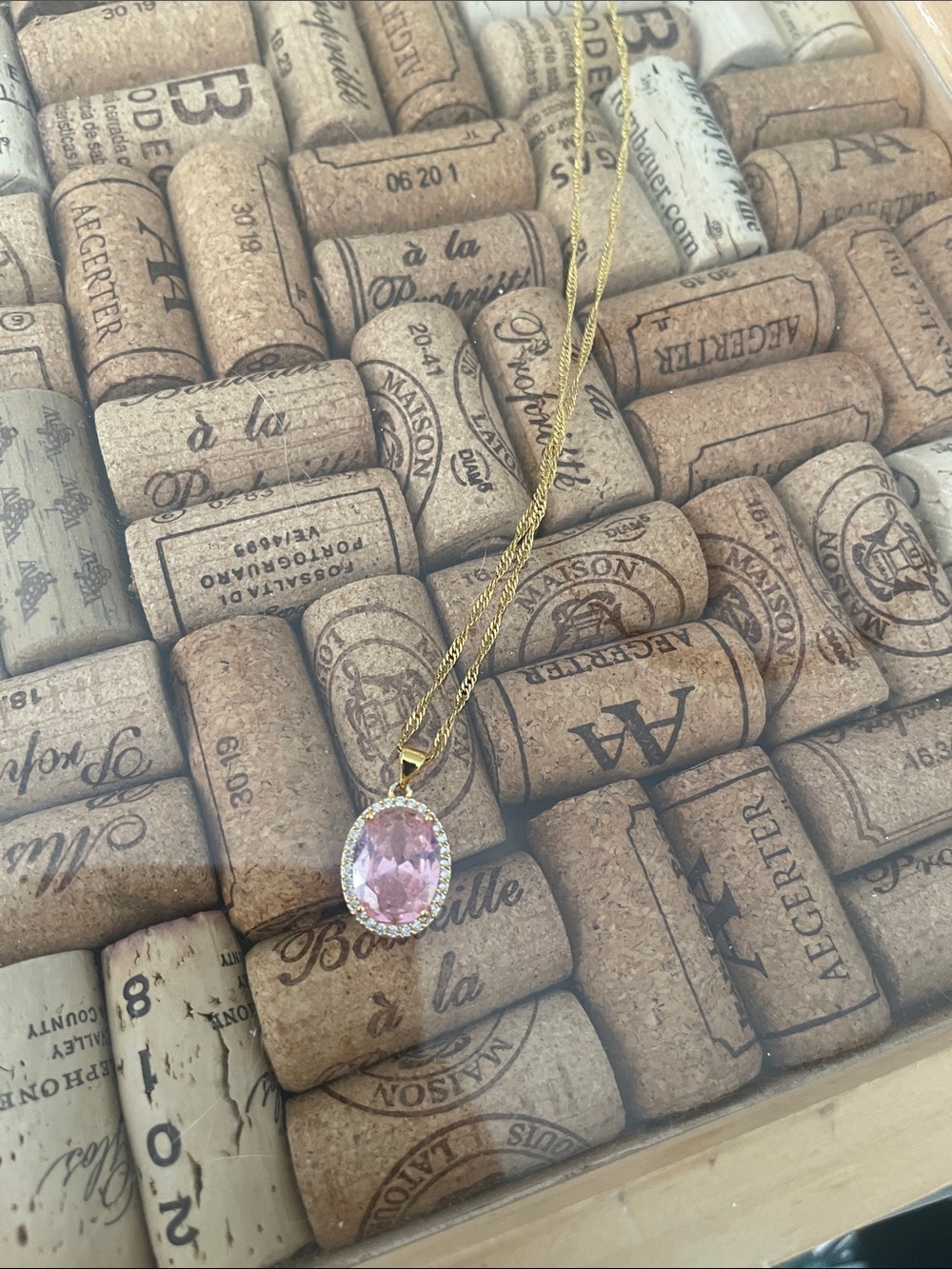 Gold Necklace with Pink Oval Pendant - Picture 3 of 3